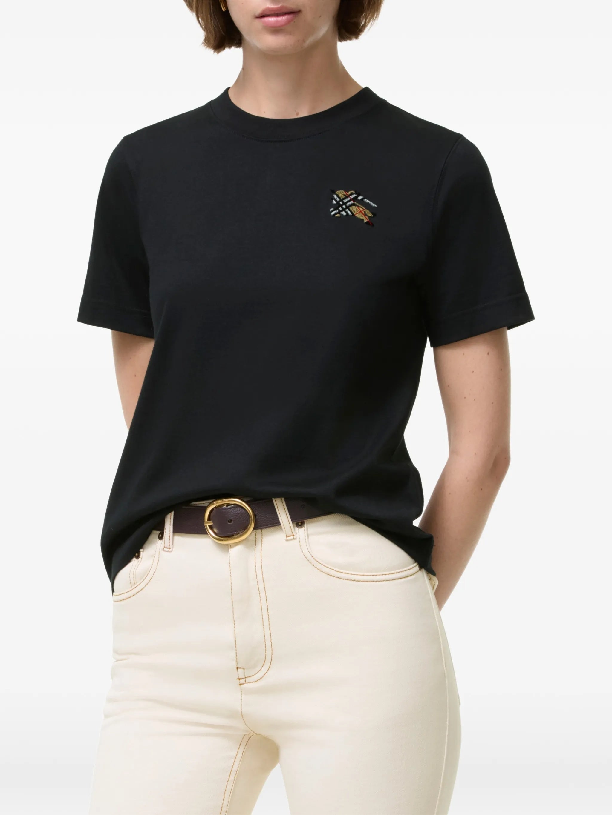 Black T-Shirt Embroidered Patch Top