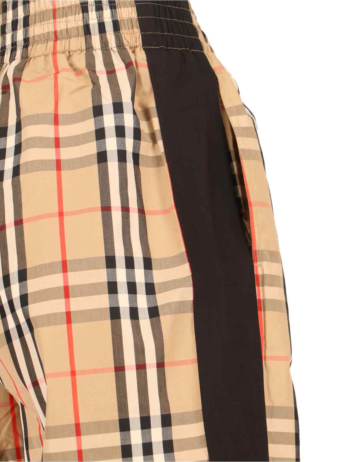 Beige Cotton Sport Pants With Multicolor Check Pattern And Contrast Stripes